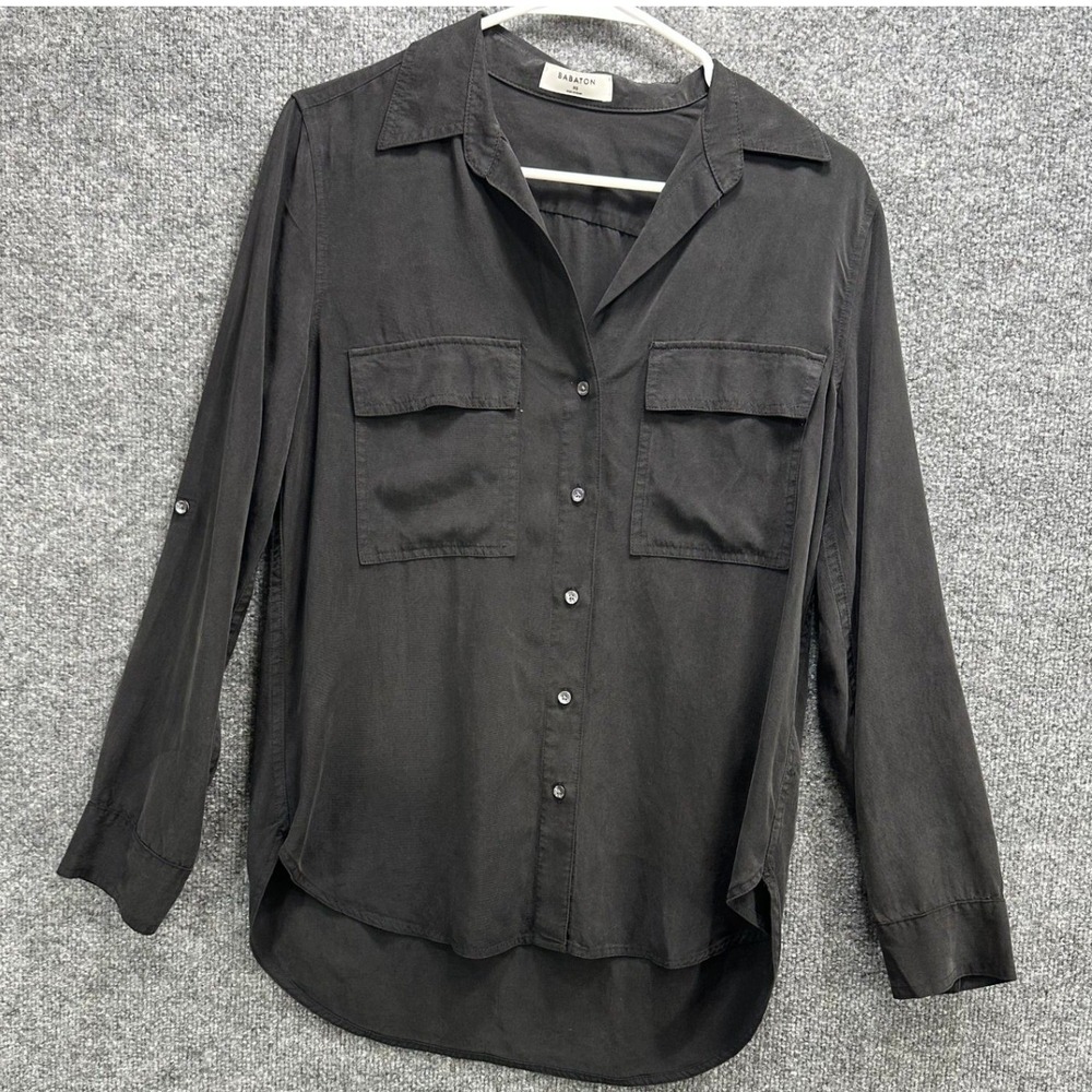 Babaton Aritzia Black Tencel Lyocell Utility Blouse Roll Tab Shirt XS 96565